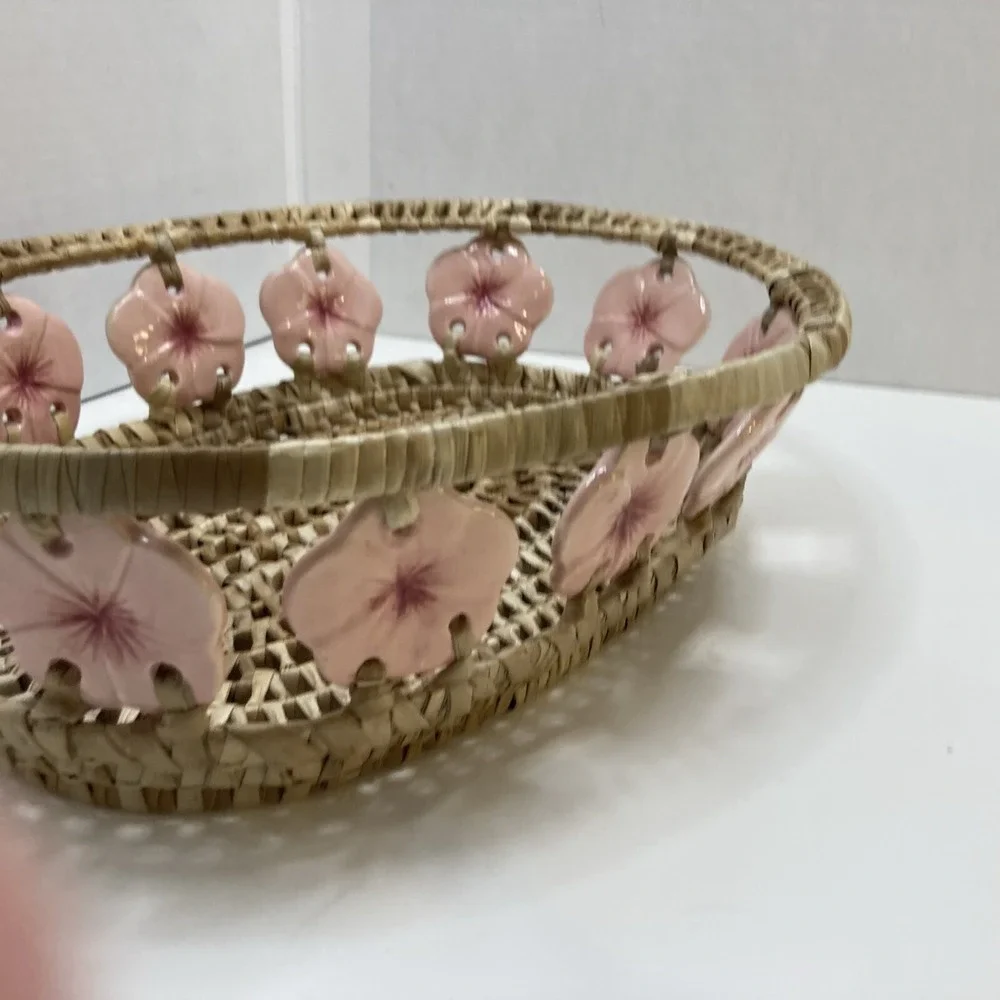 Rare Vintage Woven‎ Raffia Market With Porcelain Hibiscus Flower Adornment 11'
